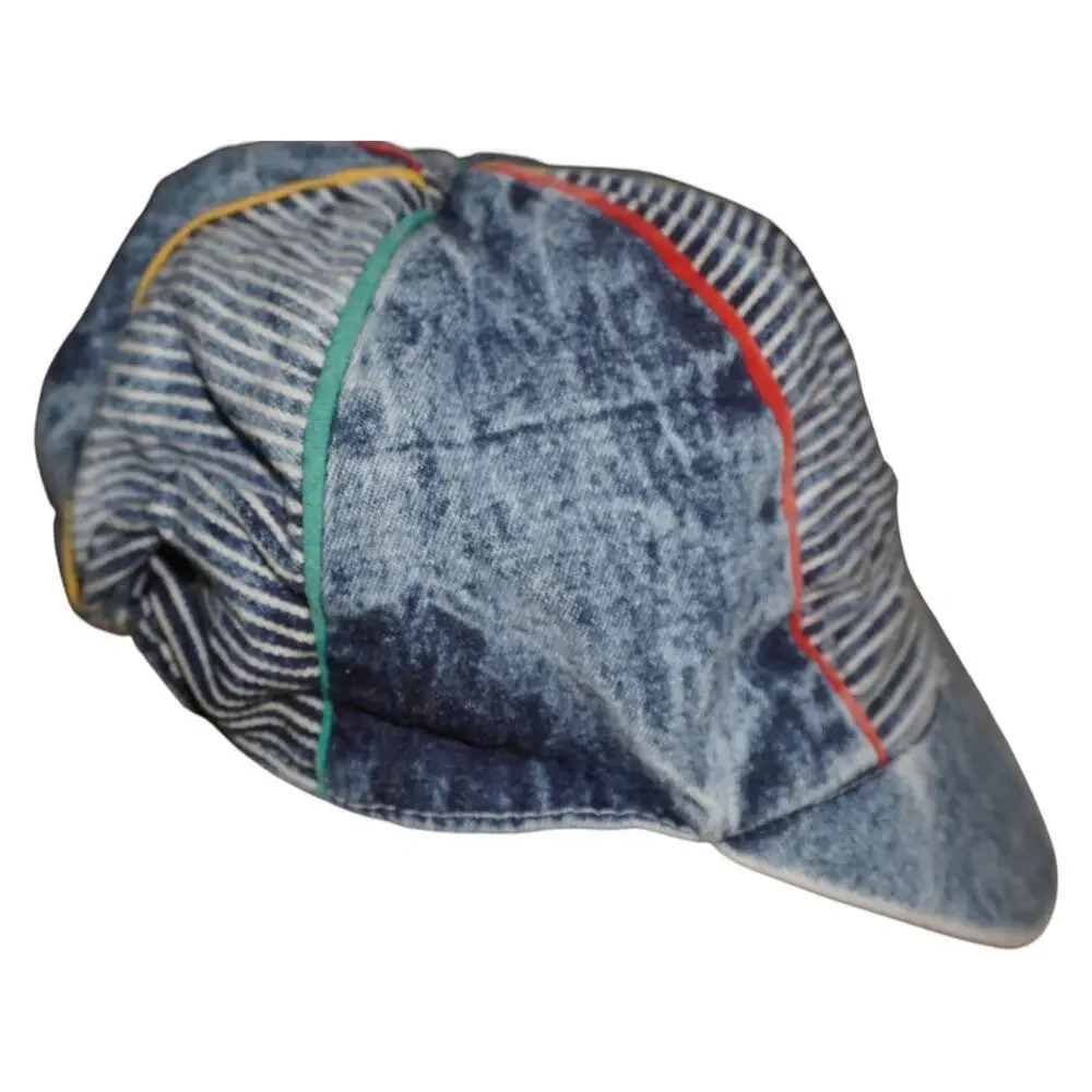 Kids Vintage 80s Denim Newsboy Cap Multicolor Piping Made in Taiwan